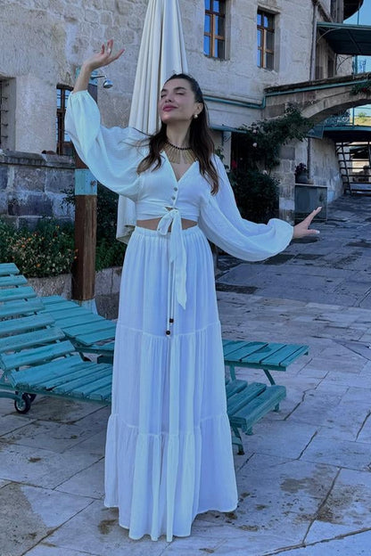 Forel Crop ve Maxi Etek Takım - Beyaz