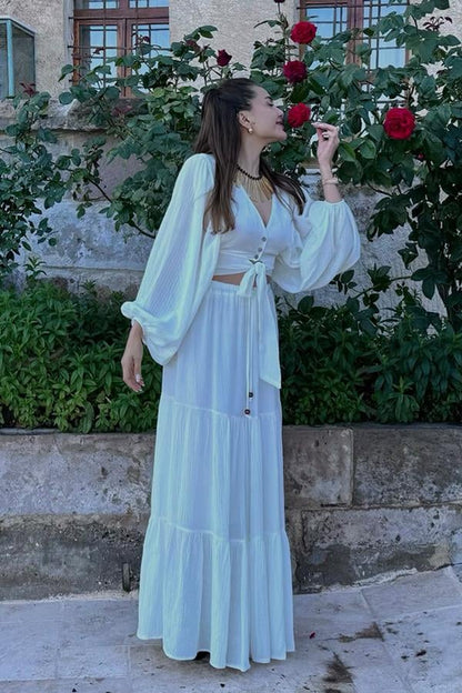 Forel Crop ve Maxi Etek Takım - Beyaz