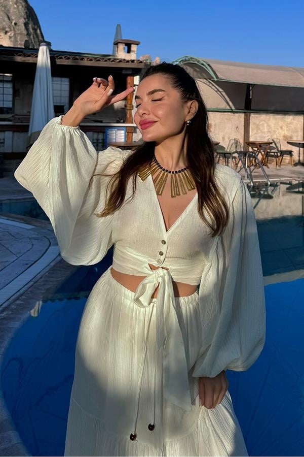 Forel Crop ve Maxi Etek Takım - Beyaz