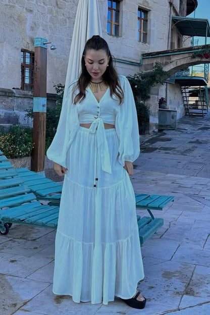 Forel Crop ve Maxi Etek Takım - Beyaz