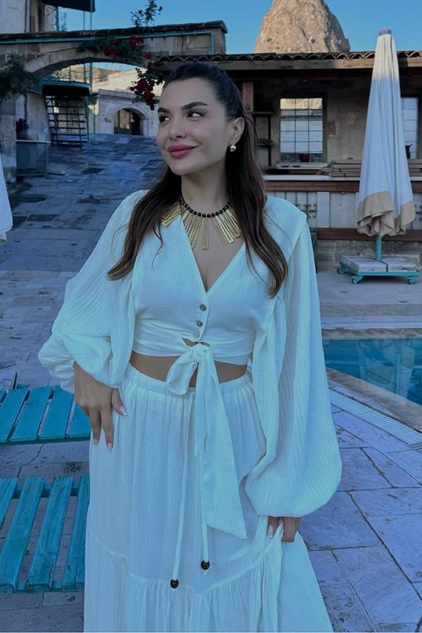 Forel Crop ve Maxi Etek Takım - Beyaz