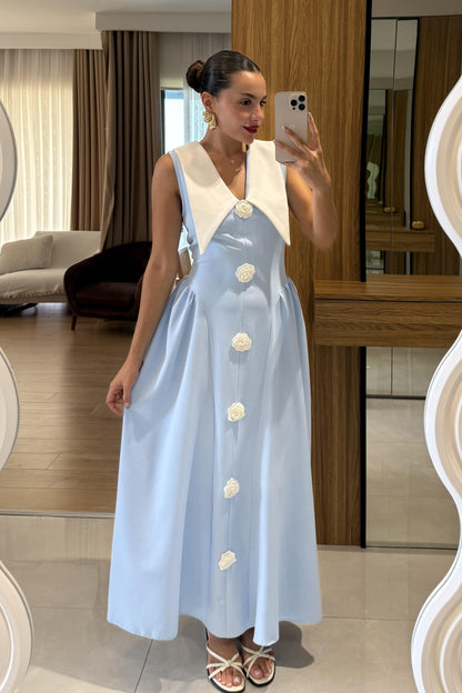 Forina Mavi Yakalı Gül Detaylı Atlas Elbise