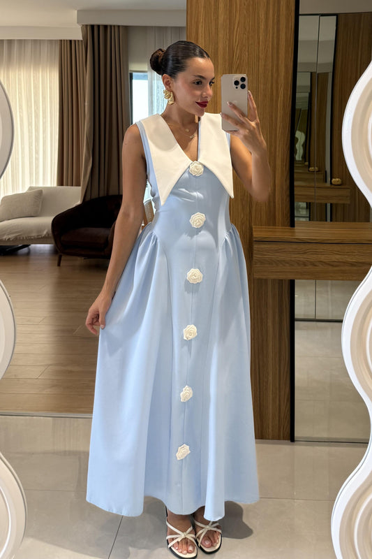 Forina Mavi Yakalı Gül Detaylı Atlas Elbise