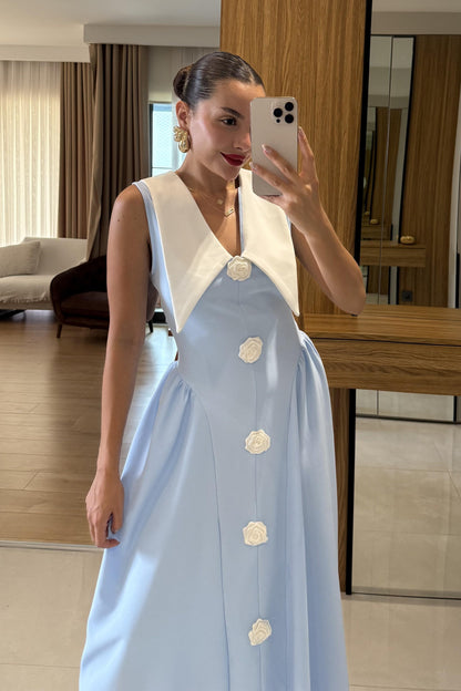 Forina Mavi Yakalı Gül Detaylı Atlas Elbise