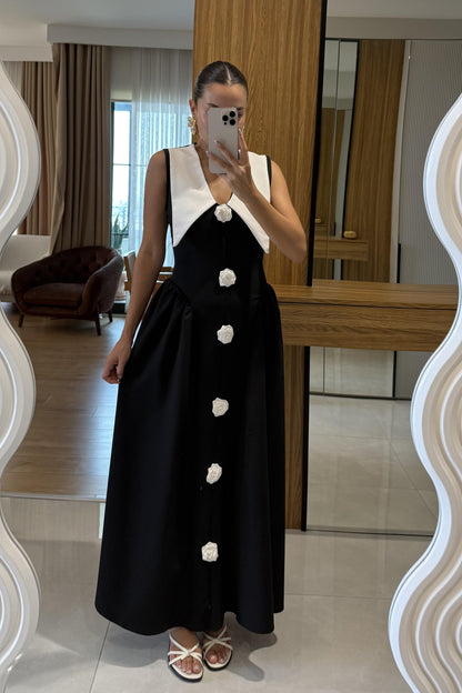 Forina Siyah Yakalı Gül Detaylı Atlas Elbise