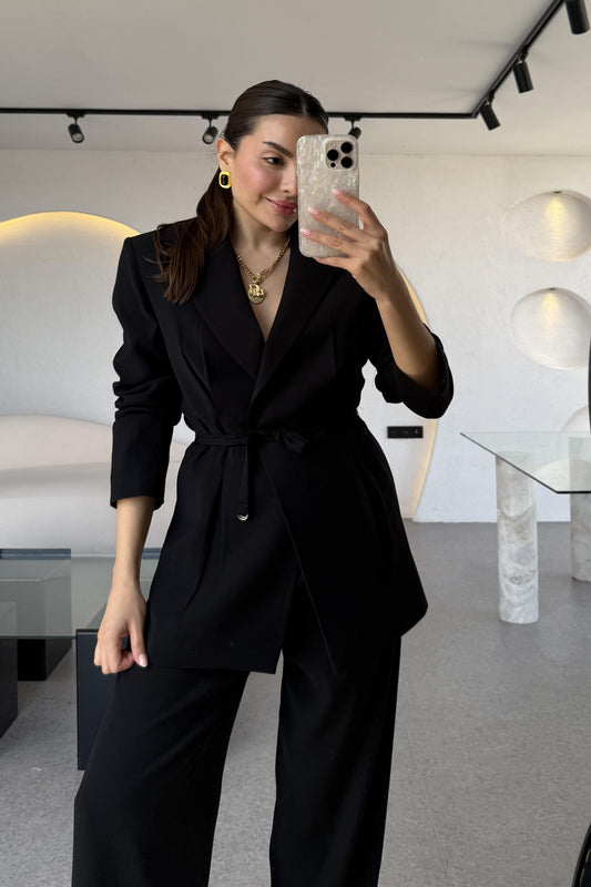 Frand Siyah Premium Krep Kuşaklı Blazer
