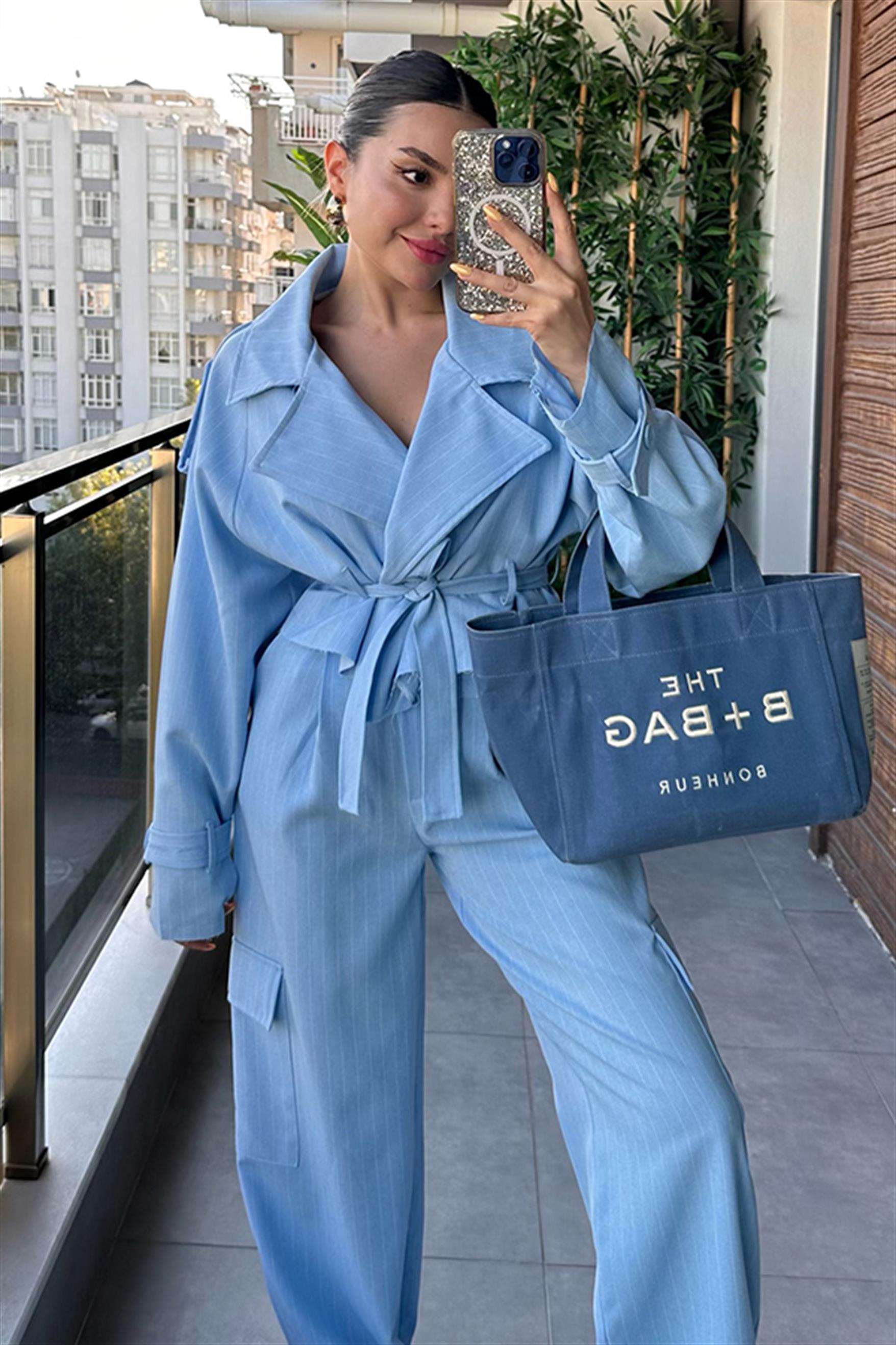 Frankie Bebe Mavi Çizgili Blazer Ceket