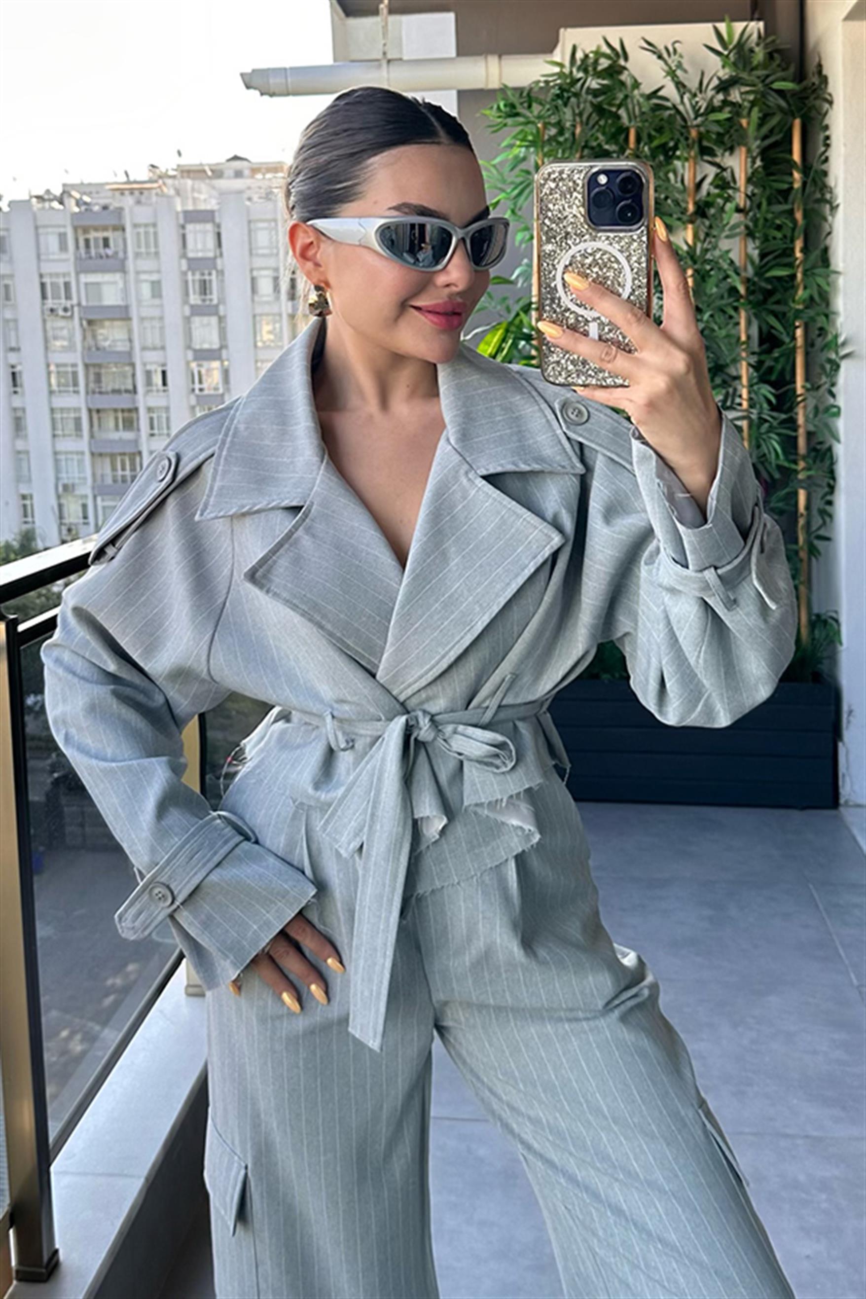 Frankie Gri Çizgili Blazer Ceket