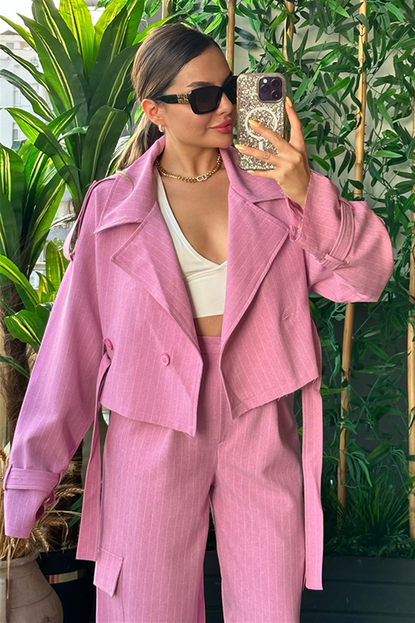 Frankie Pembe Çizgili Blazer Ceket