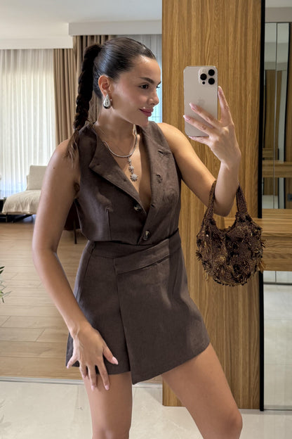 Franko Kahve Yelekli Etek Takım