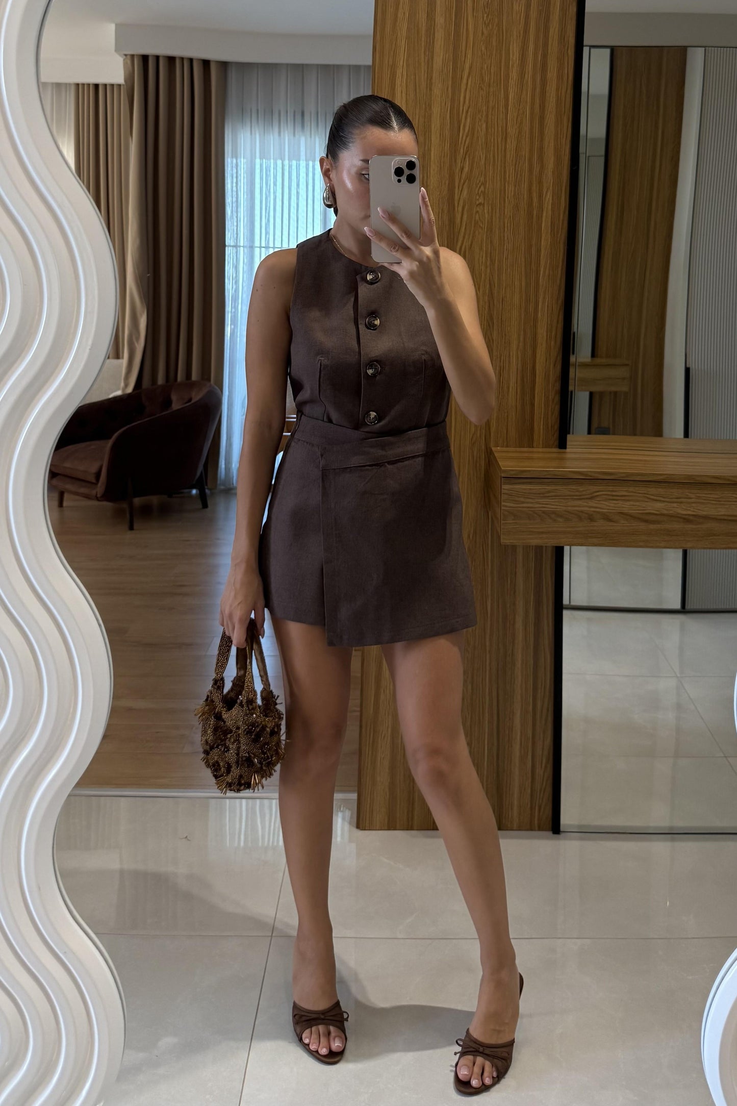 Franko Kahve Yelekli Etek Takım