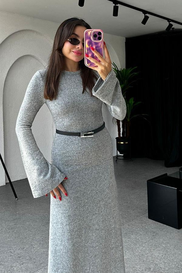 Franny Bisiklet Yaka Dokulu Gri Elbise