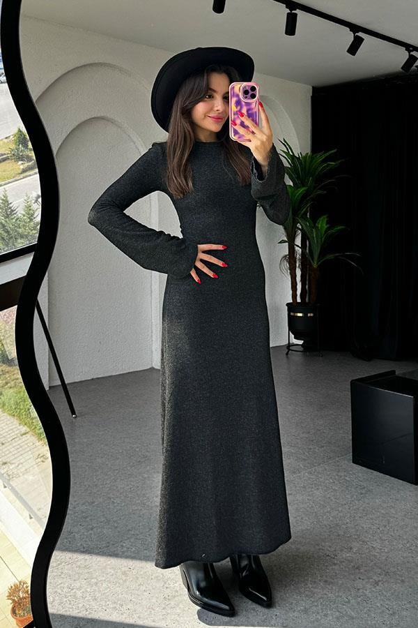 Franny Bisiklet Yaka Dokulu Siyah Elbise