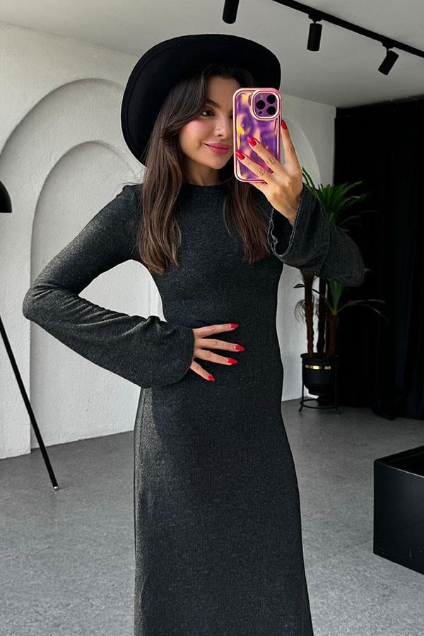 Franny Bisiklet Yaka Dokulu Siyah Elbise