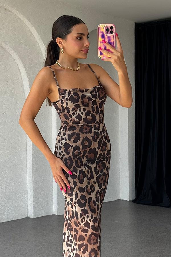 Freda Askılı Leopar Desen Tül Elbise