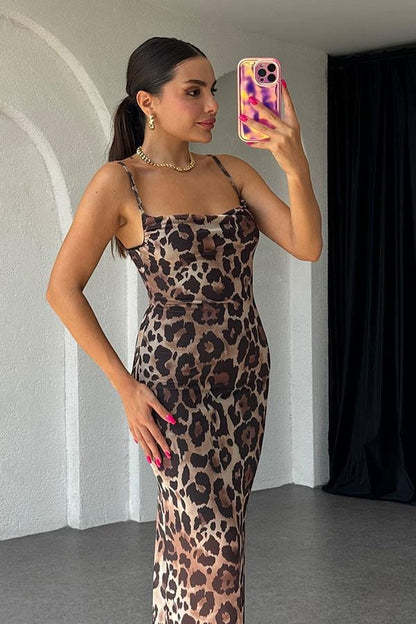 Freda Askılı Leopar Desen Tül Elbise