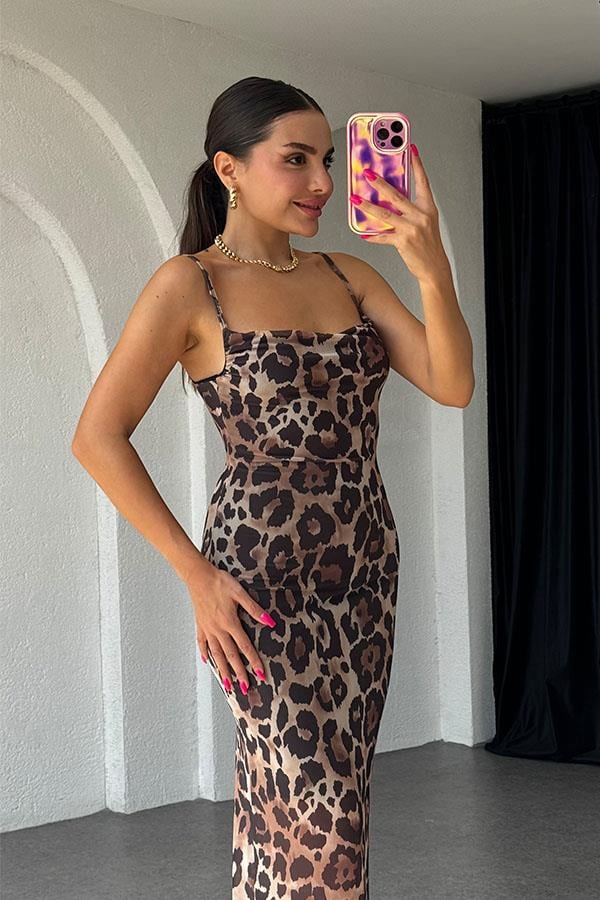 Freda Askılı Leopar Desen Tül Elbise