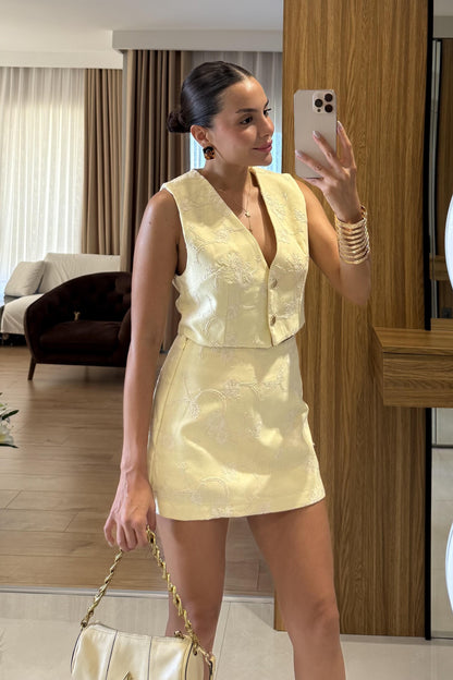 Frenchie Sarı Nakışlı şort takım