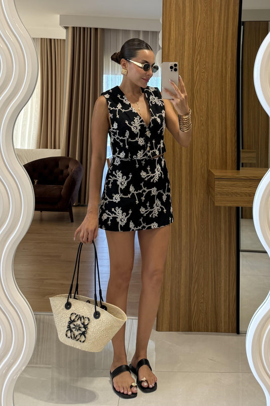 Frenchie Siyah Nakışlı şort takım