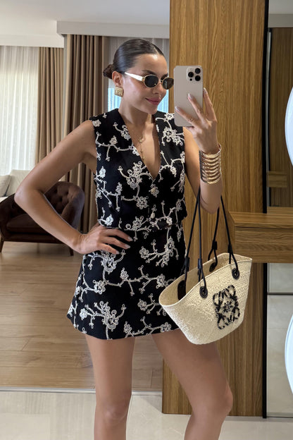 Frenchie Siyah Nakışlı şort takım