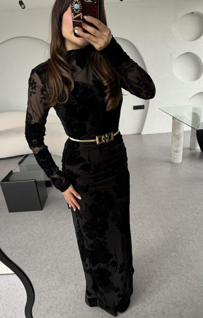 Frida Siyah Astarlı Dantel Elbise