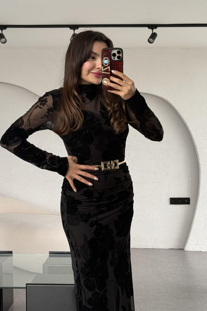 Frida Siyah Astarlı Dantel Elbise