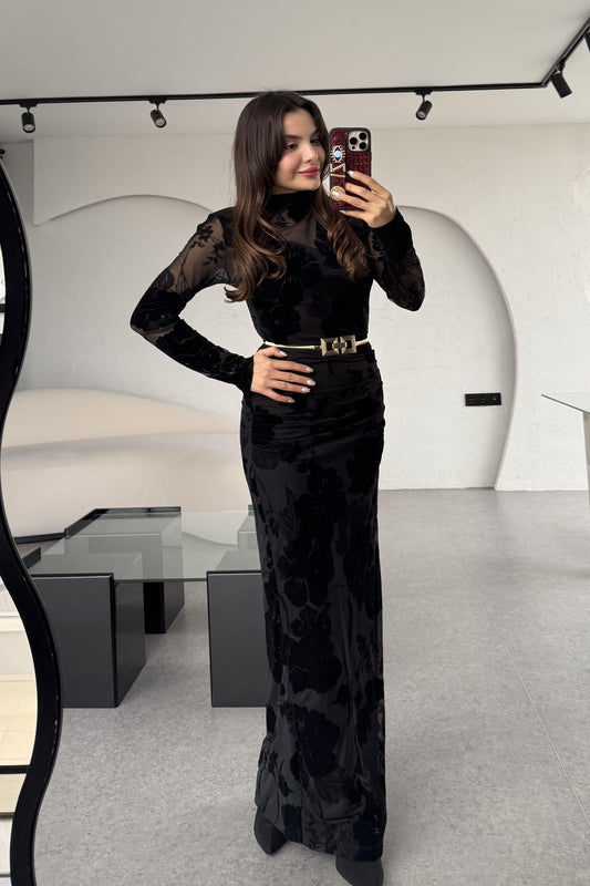 Frida Siyah Astarlı Dantel Elbise