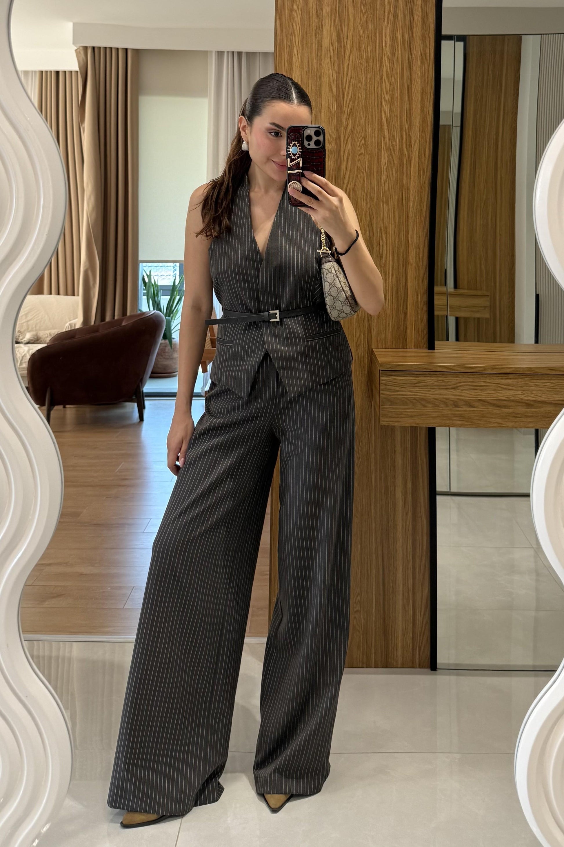 Front Füme Yelekli Kemerli Çizgili Takım