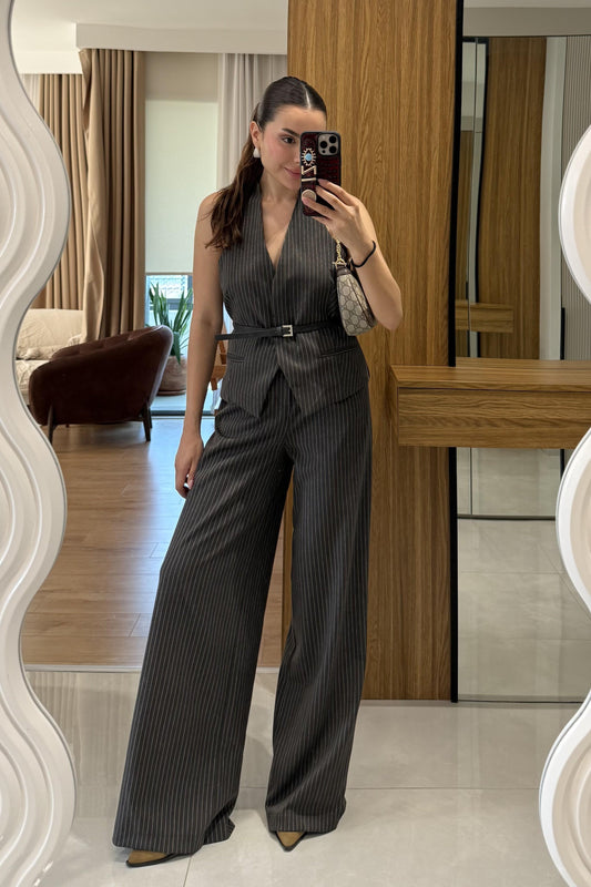 Front Füme Yelekli Kemerli Çizgili Takım