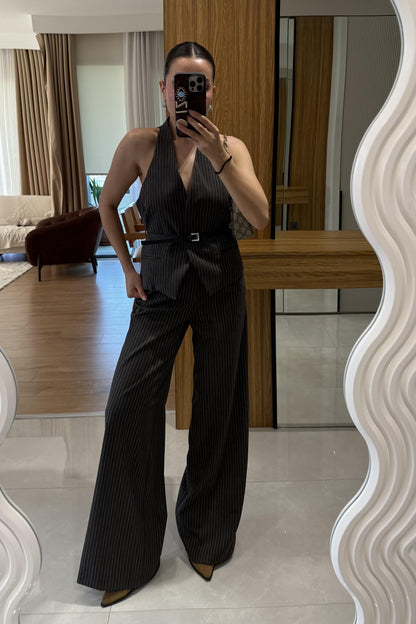 Front Füme Yelekli Kemerli Çizgili Takım