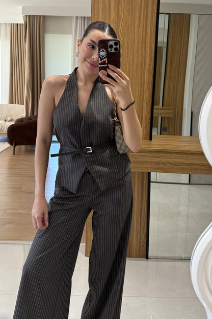 Front Füme Yelekli Kemerli Çizgili Takım