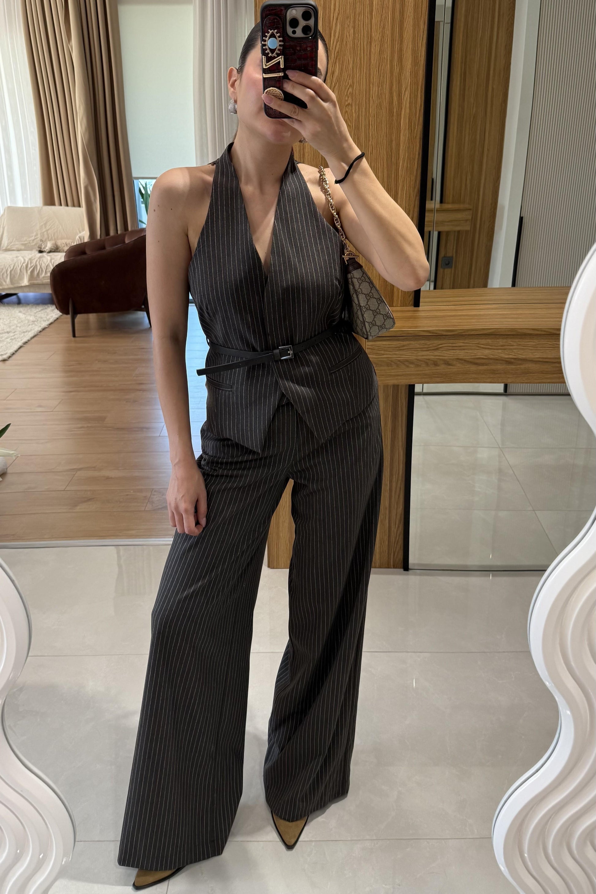 Front Füme Yelekli Kemerli Çizgili Takım