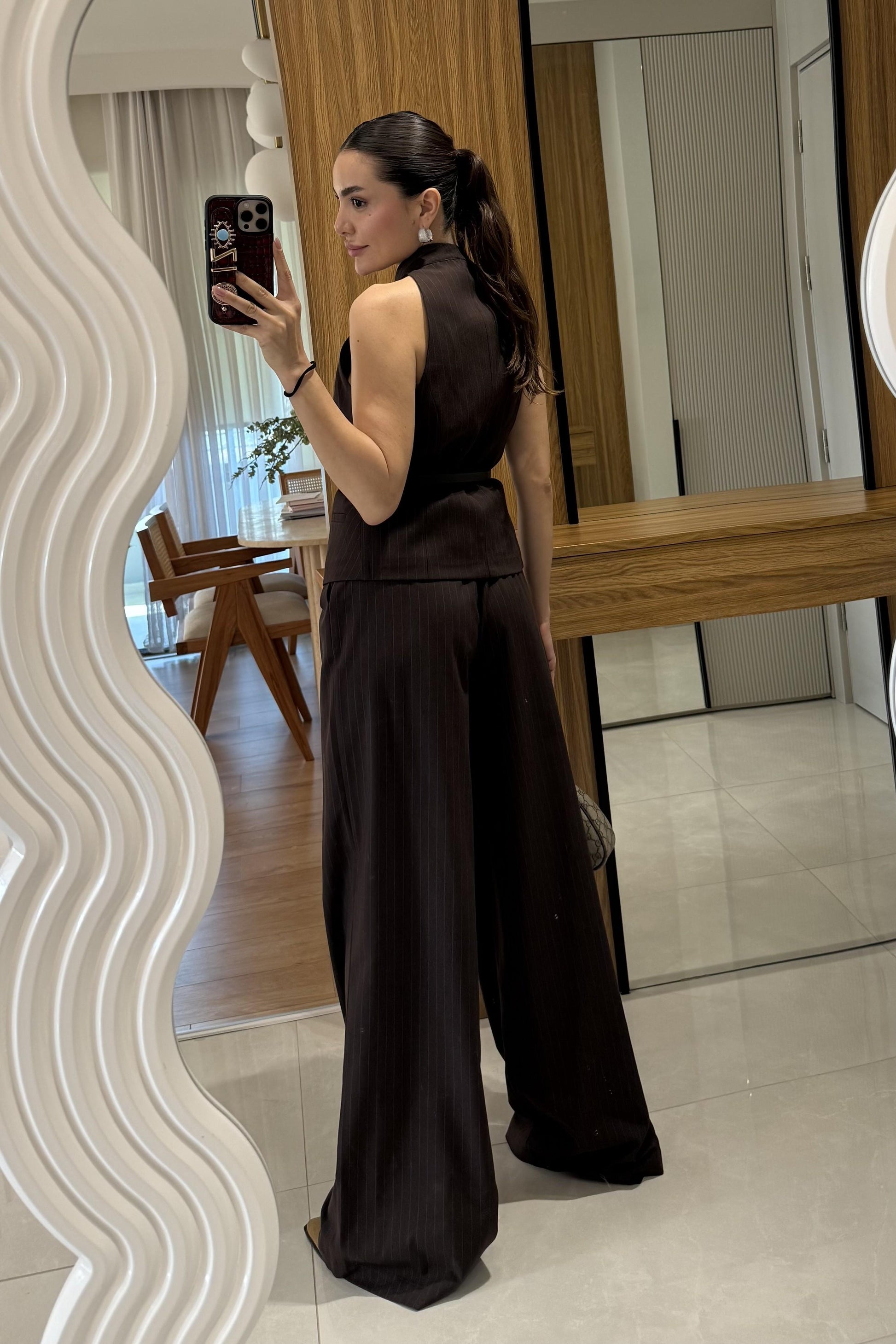 Front Kahve Yelekli Kemerli Çizgili Takım