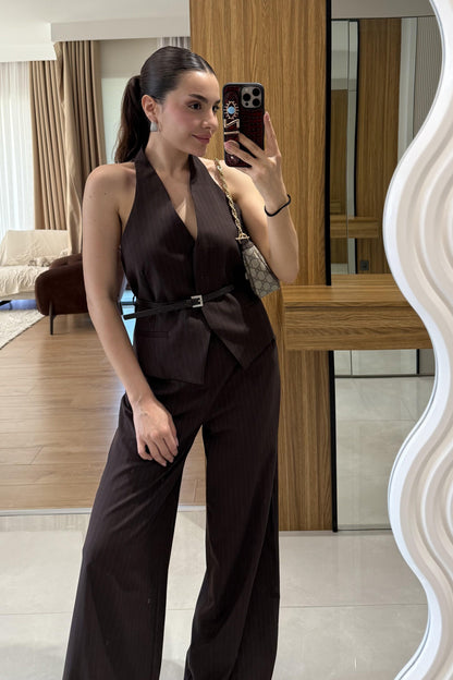 Front Kahve Yelekli Kemerli Çizgili Takım