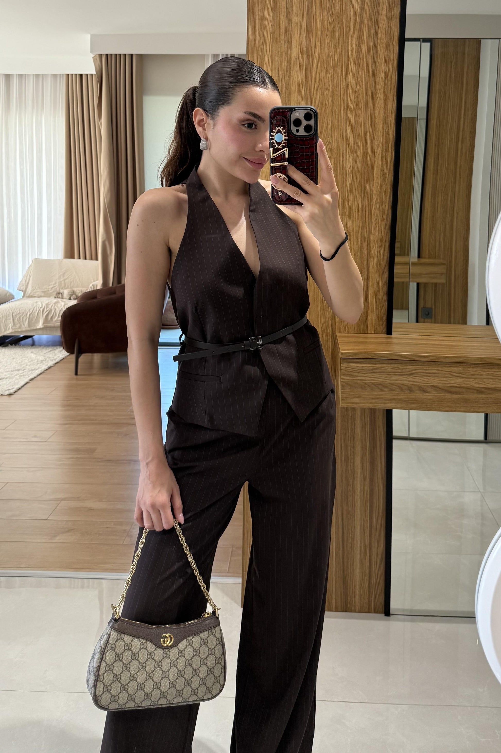 Front Kahve Yelekli Kemerli Çizgili Takım