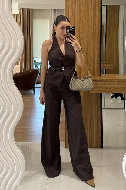 Front Kahve Yelekli Kemerli Çizgili Takım