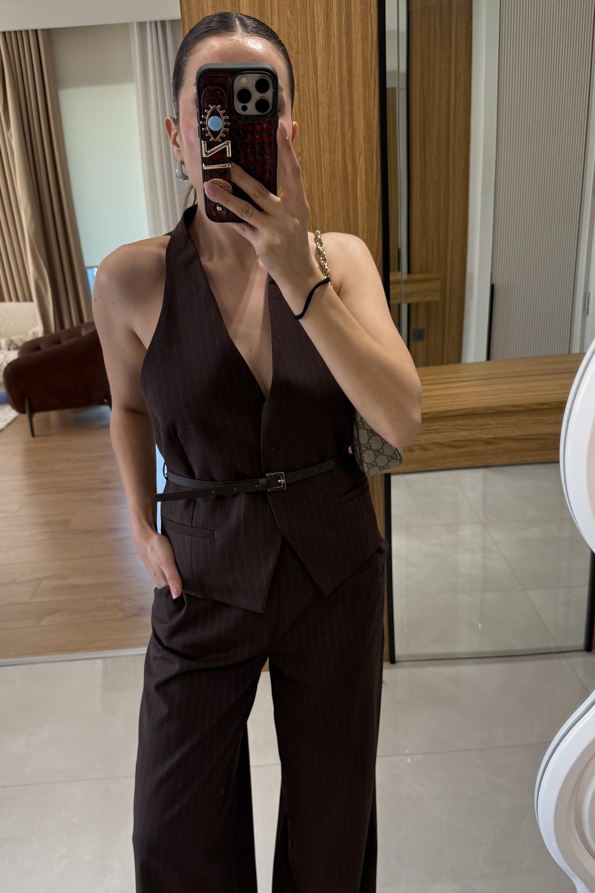 Front Kahve Yelekli Kemerli Çizgili Takım