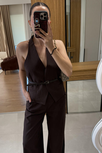 Front Kahve Yelekli Kemerli Çizgili Takım