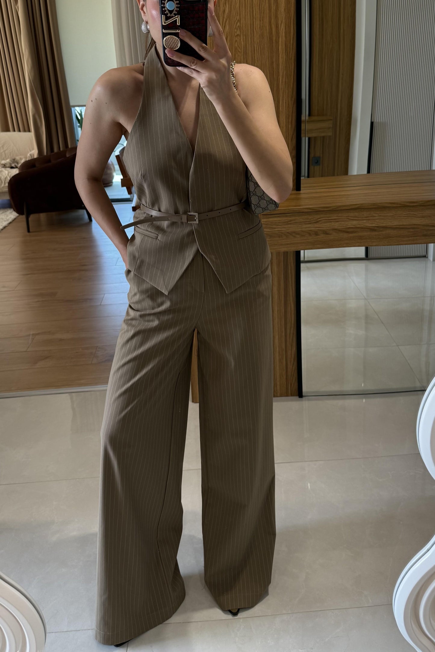 Front Vizon Yelekli Kemerli Çizgili Takım