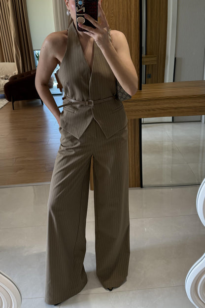 Front Vizon Yelekli Kemerli Çizgili Takım