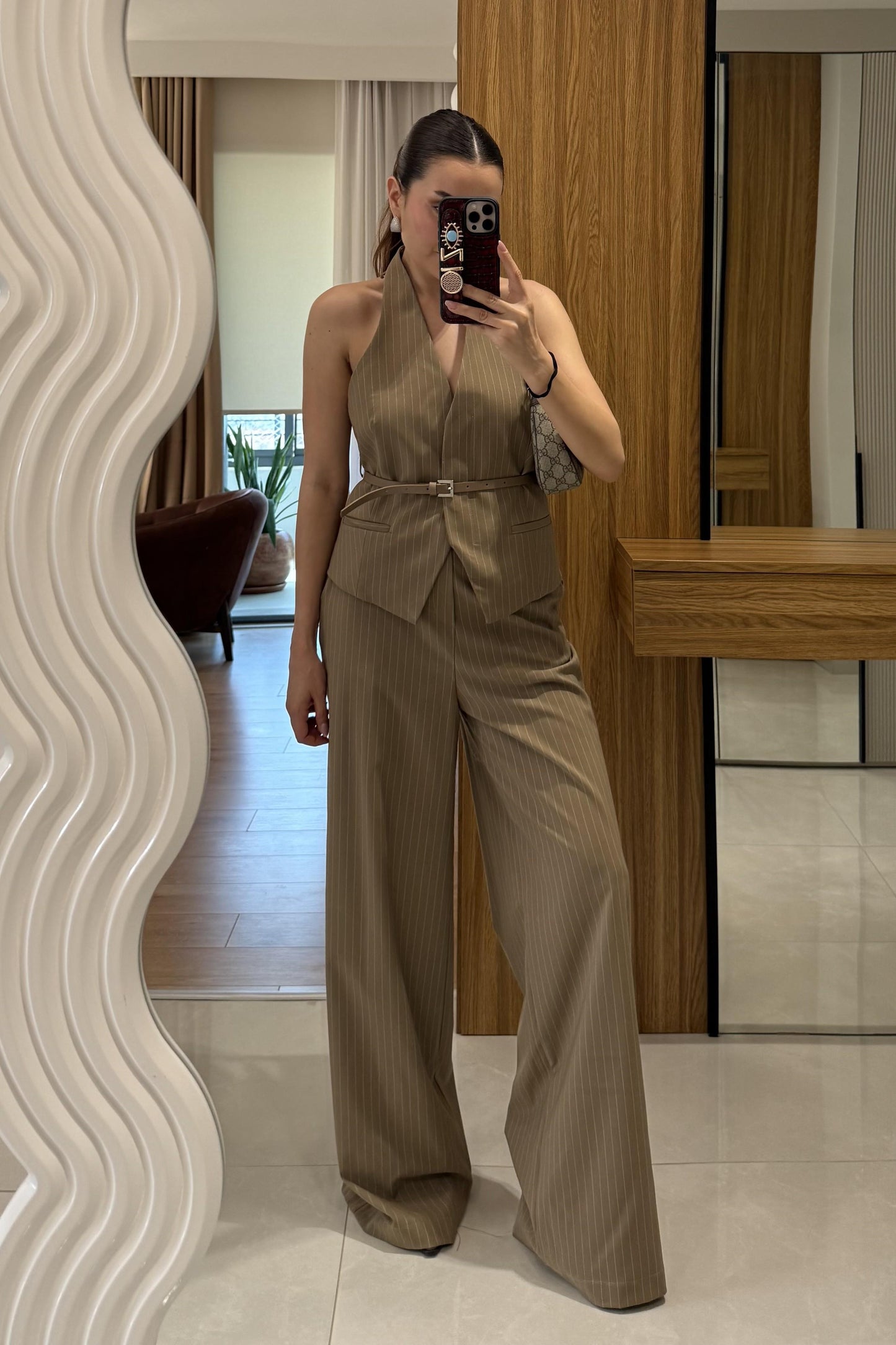 Front Vizon Yelekli Kemerli Çizgili Takım