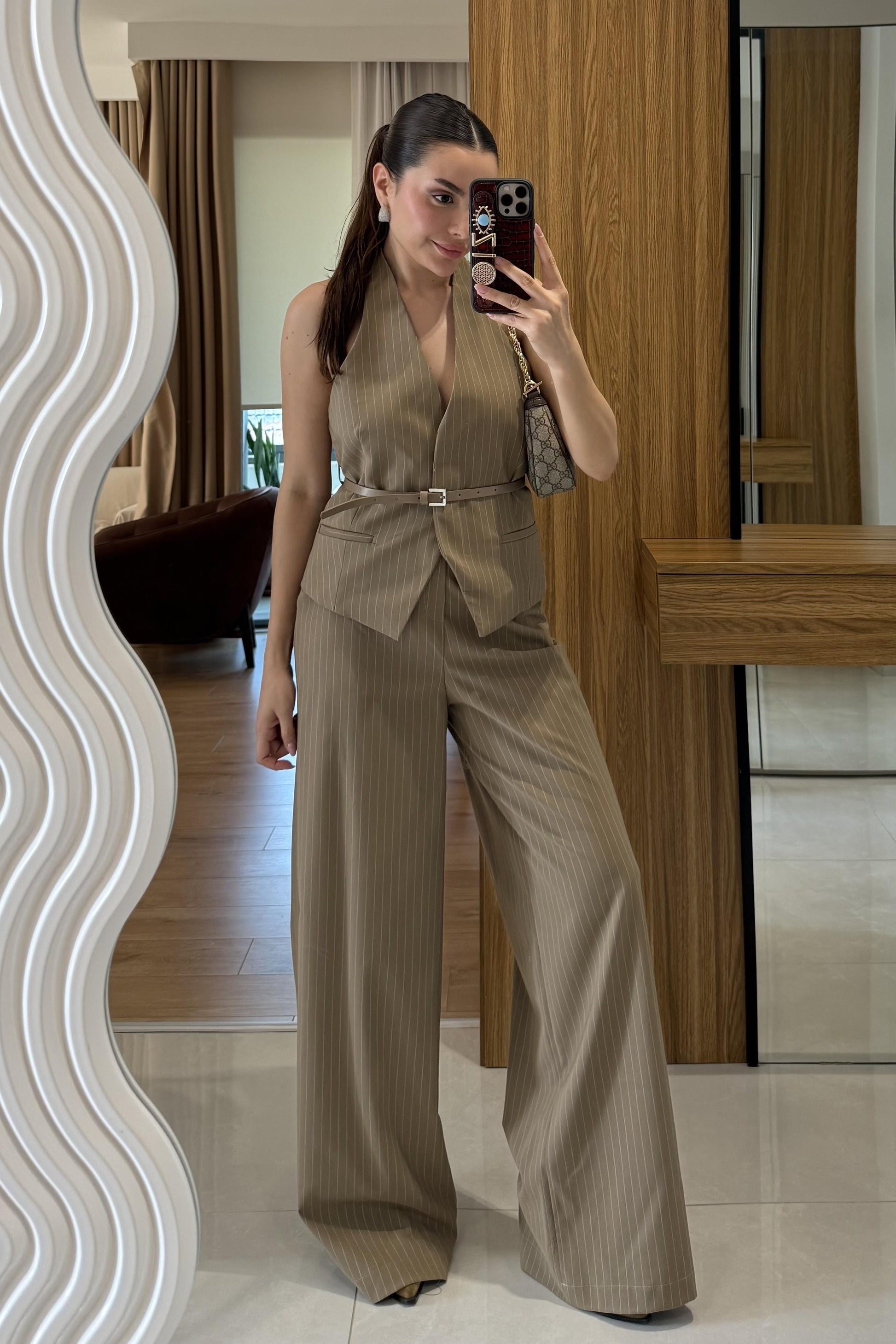 Front Vizon Yelekli Kemerli Çizgili Takım