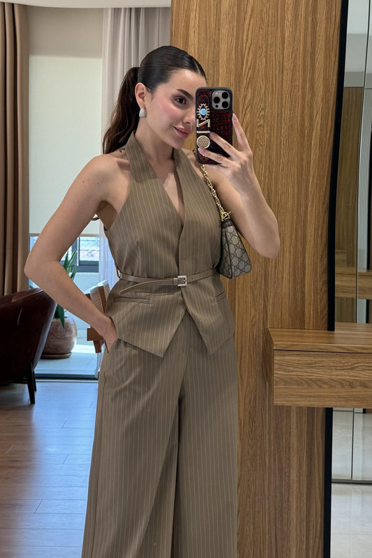 Front Vizon Yelekli Kemerli Çizgili Takım