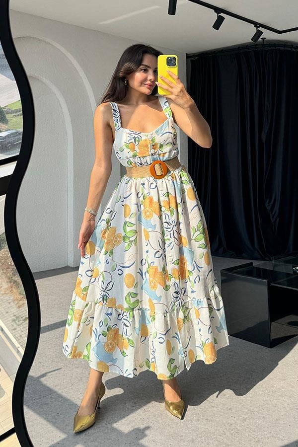 Fruit Desenli Kalın Askılı Elbise