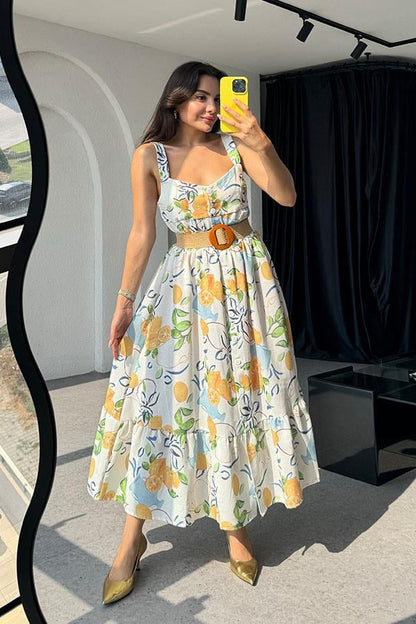Fruit Desenli Kalın Askılı Elbise