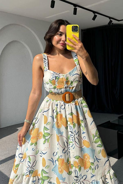 Fruit Desenli Kalın Askılı Elbise