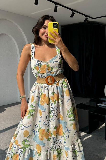 Fruit Desenli Kalın Askılı Elbise