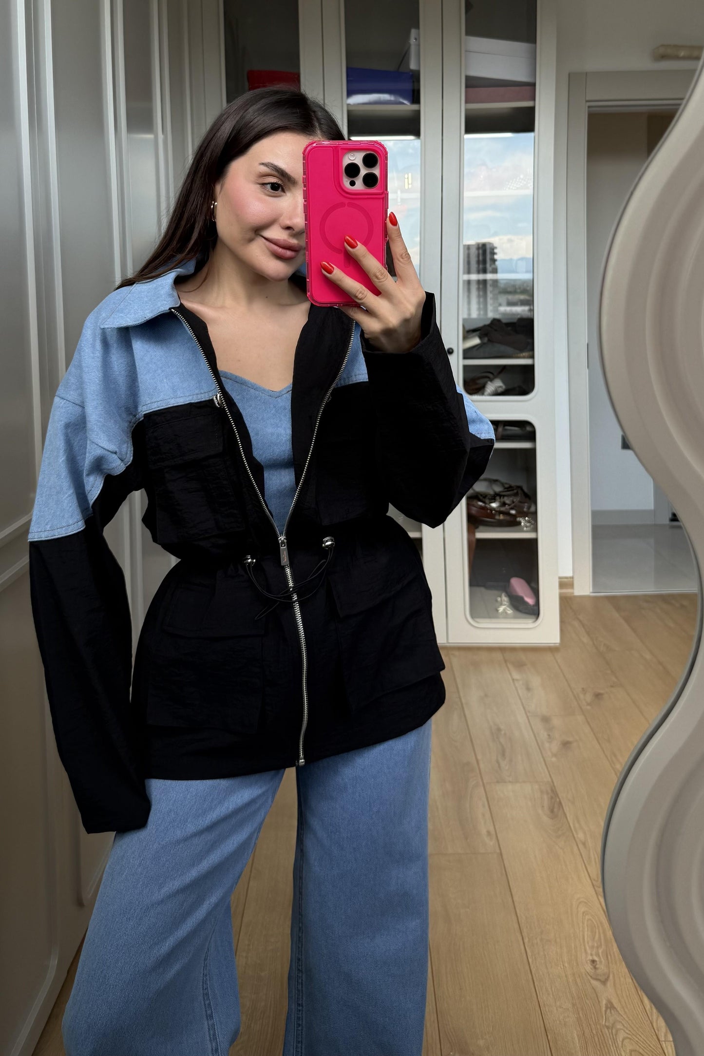 Fuente Paraşüt Denim Mix Uzun Ceket