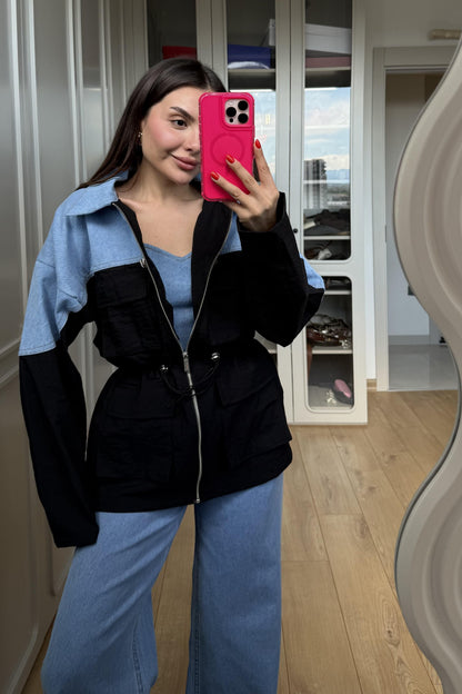 Fuente Paraşüt Denim Mix Uzun Ceket