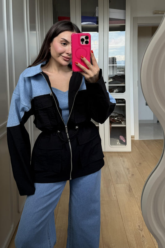 Fuente Paraşüt Denim Mix Uzun Ceket